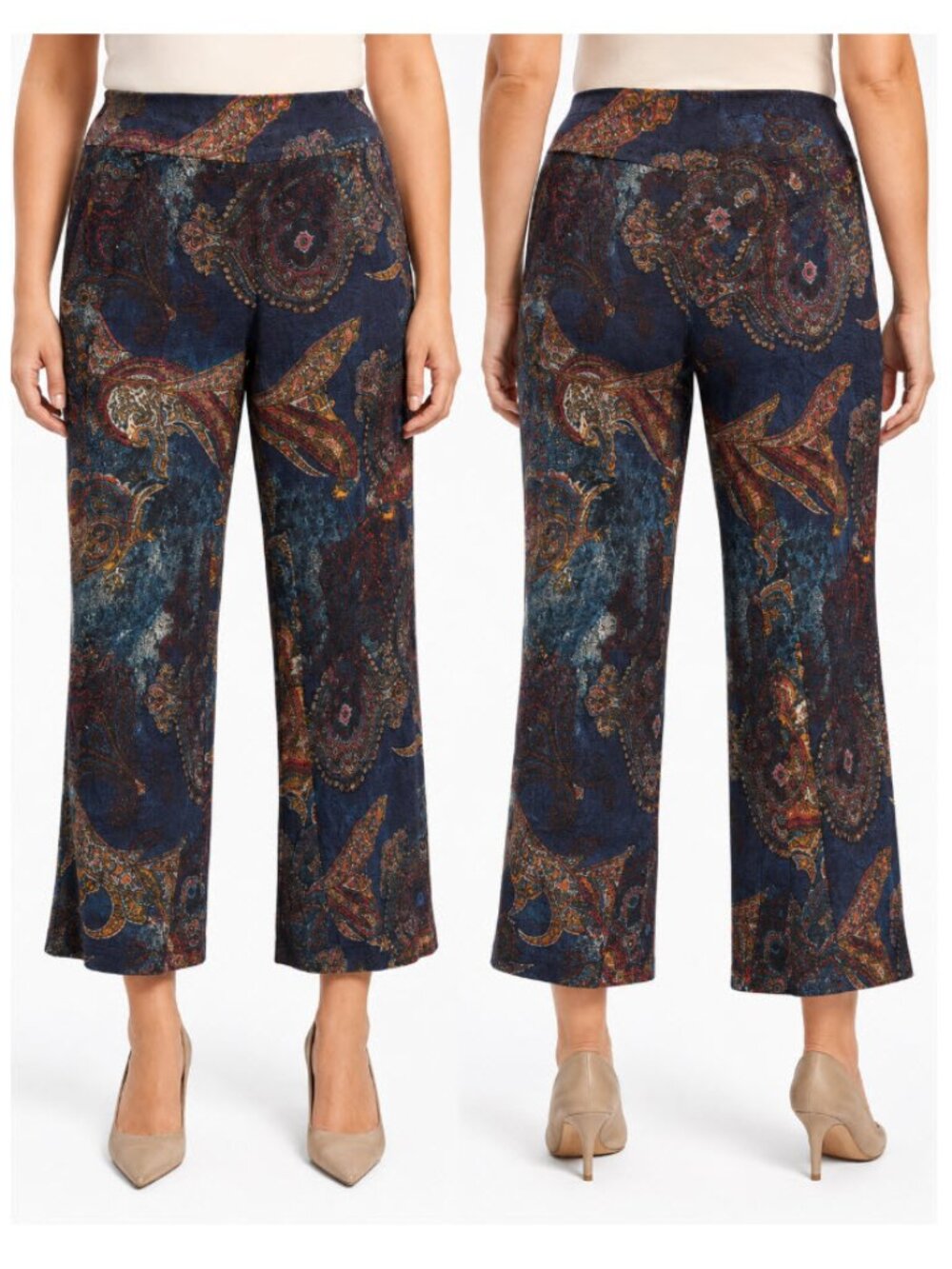 Joseph Ribkoff Paisley Straight-Leg Pants Flare Hem Navy Multicolour XL 14